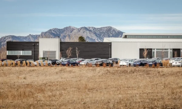 widok na samochody Tesla zaparkowane na parkingu